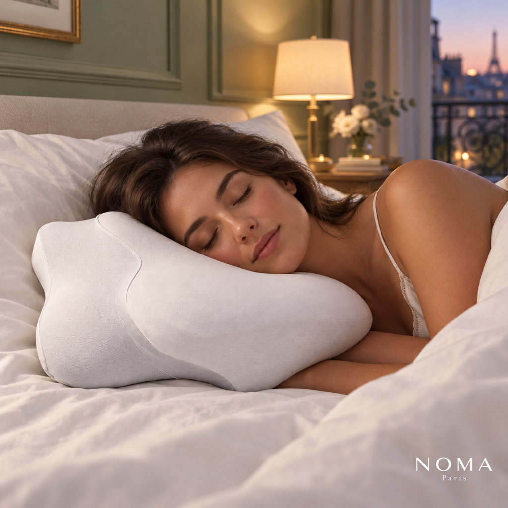 Woman sleeping on the NOMA Paris ergonomic pillow